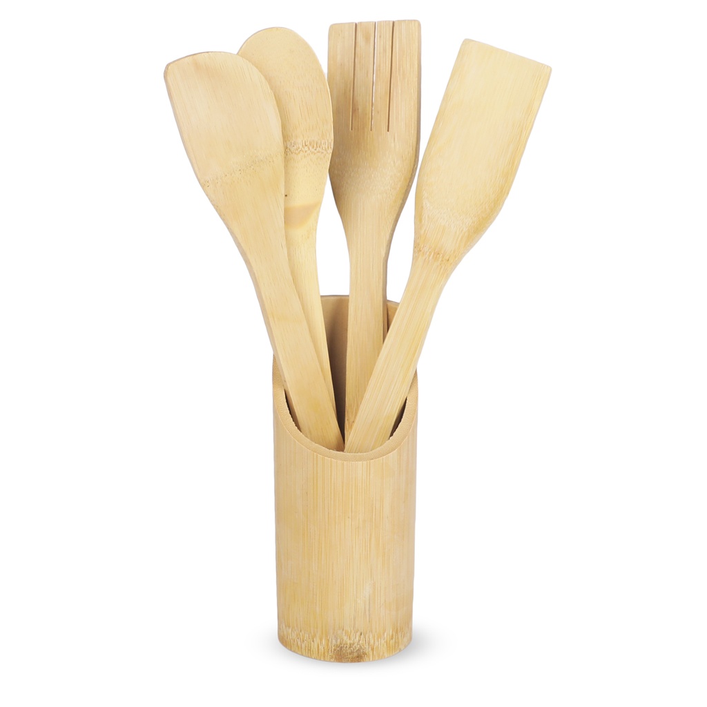 Set de 4 Ustensiles de Cuisine en Bois avec Support