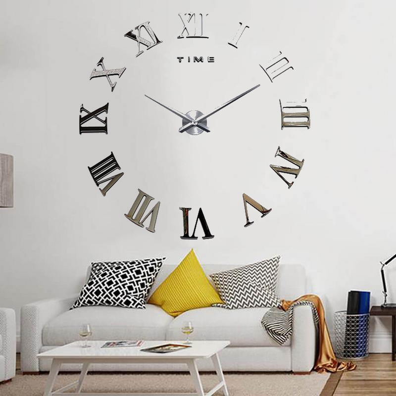 Montre Murale Autocollant 3D Chiffres Romains en Argent 120 Cm