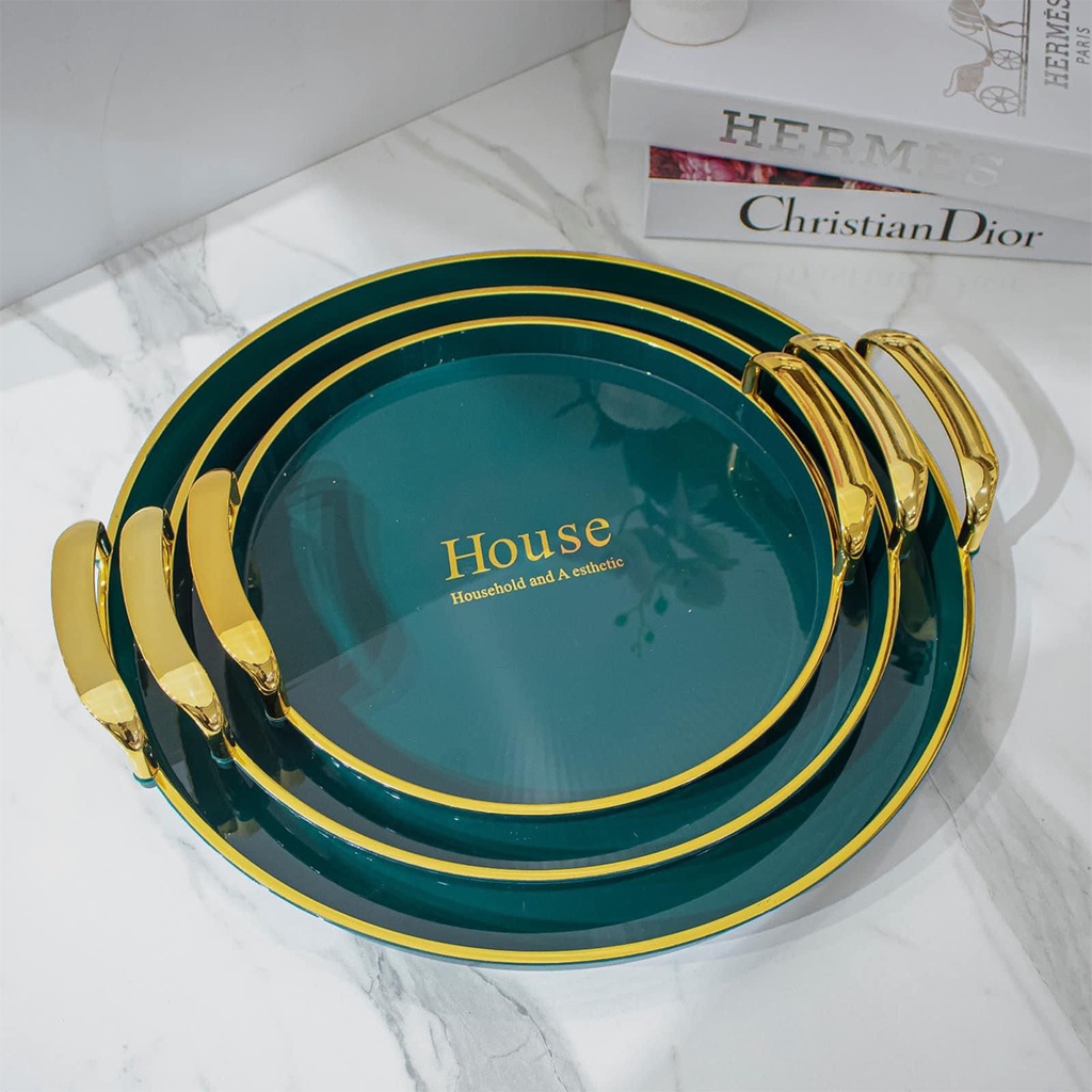 Ensemble de 3 plateaux Ronds Verts Avec Poignées Dorées