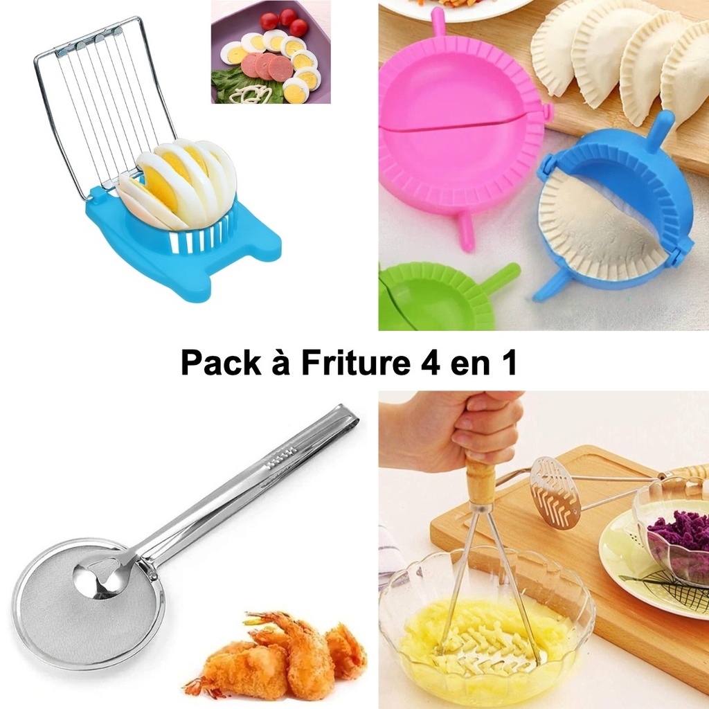 Pack à Friture 4 en 1 : Coupe-Œuf, Presse-Pomme, Pince À Friture et Set De 3 Moules Presses À Pâte Ravioli