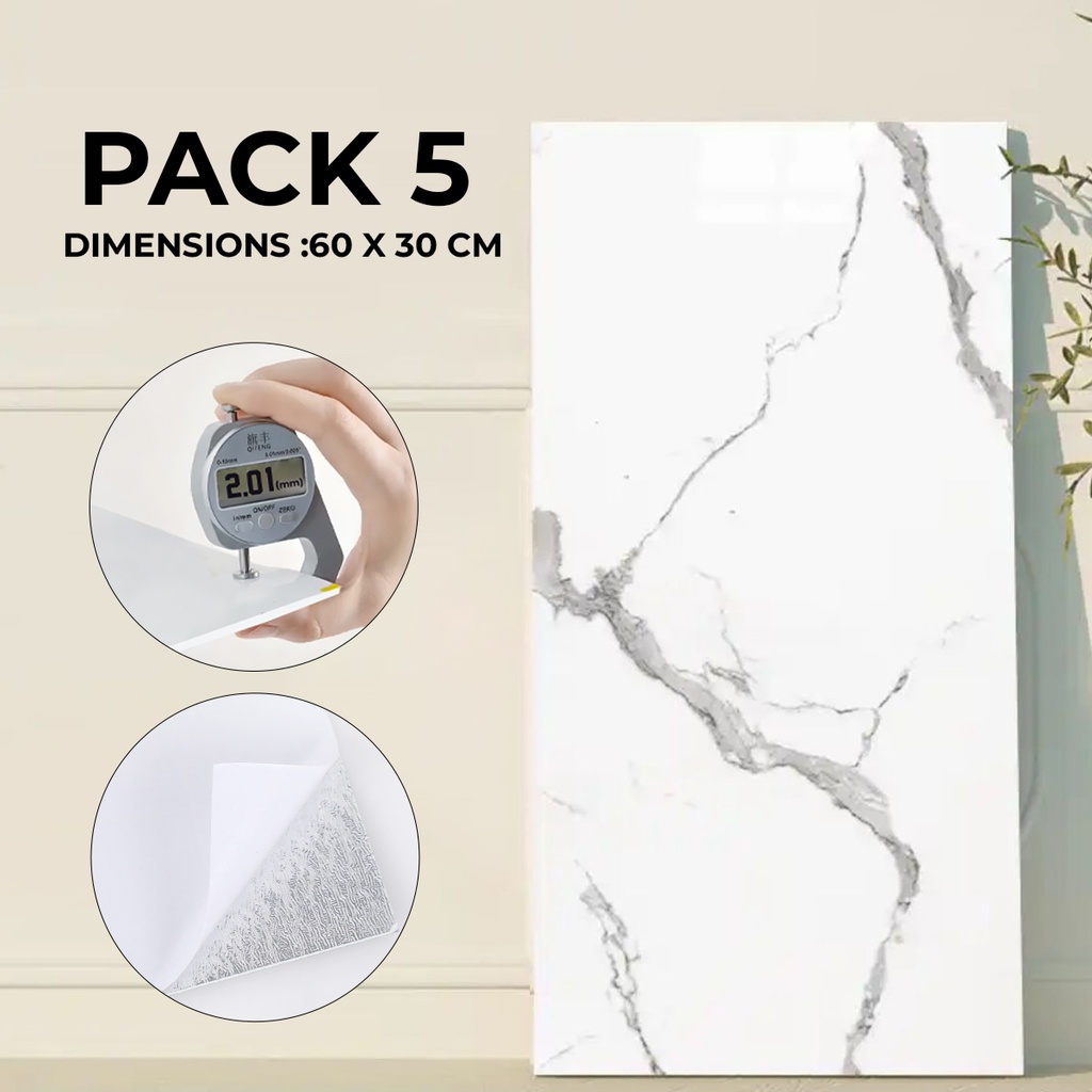 Pack de 5 Panneaux PVC Autocollant  Alternative Au Marbre  60 x 30 cm - WMB-007 - Blanc modèle 1