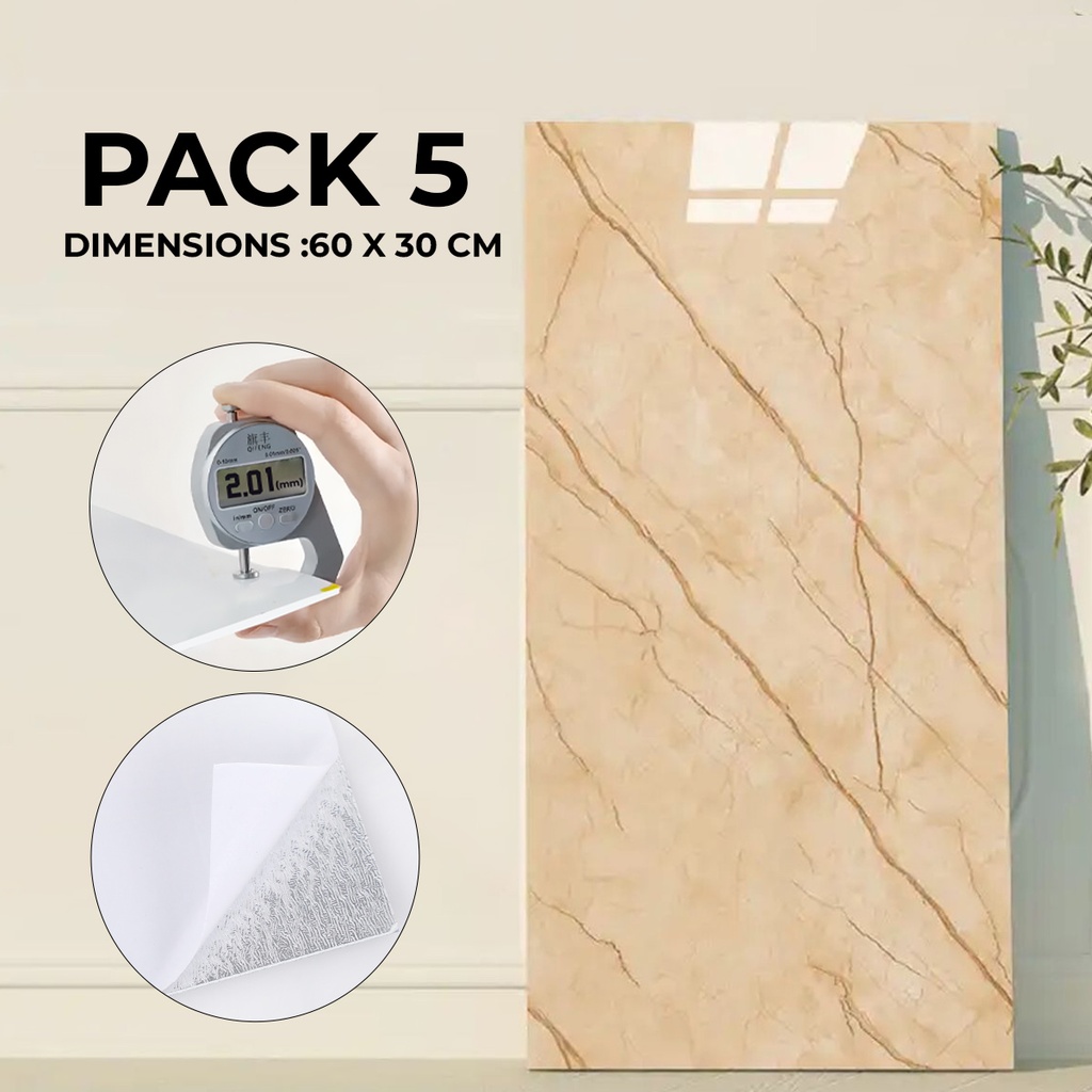 Pack de 5 Panneaux PVC Autocollant Alternative Au Marbre 60 x 30 cm - WMB-028 - Beige