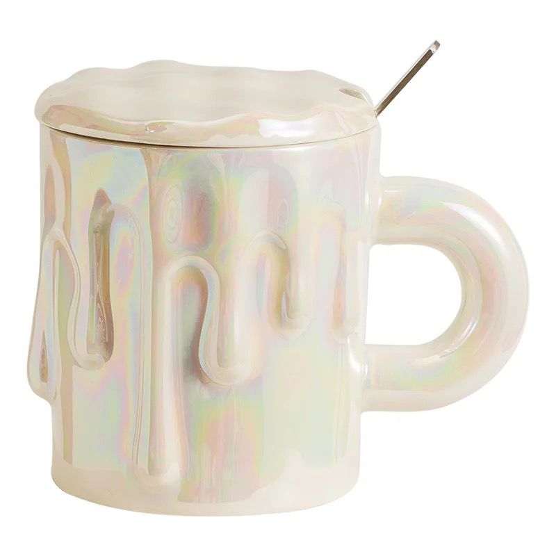 Tasse en Céramique Mug avec Couvercle et Cuillère Motif Glace Qui Coule