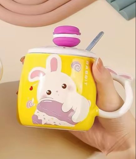 [DATR0525] Tasse en Céramique Mug  avec Couvercle et Cuillère Figurine Macaron