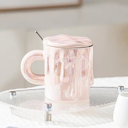 Tasse en Céramique Mug avec Couvercle et Cuillère Motif Glace Qui Coule