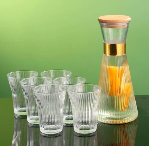 [DATR0570] Service à Boisson 7 Pièces Carafe Et 6 Verres en Verre avec Bord Doré