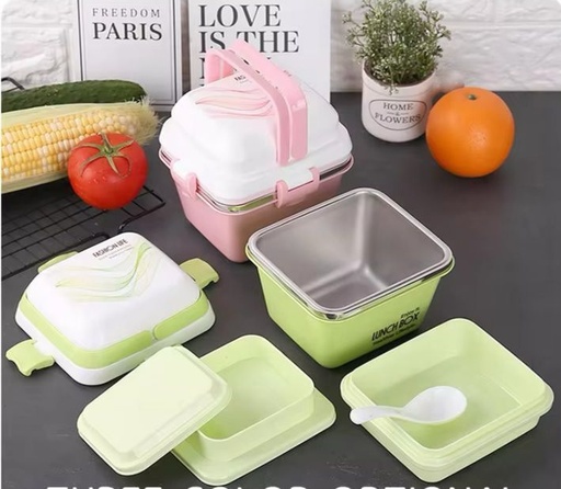 Boite à Gouter Lunch Box Avec 3 Compartiments En Acier Inoxydable Et Plastique Sans BPA